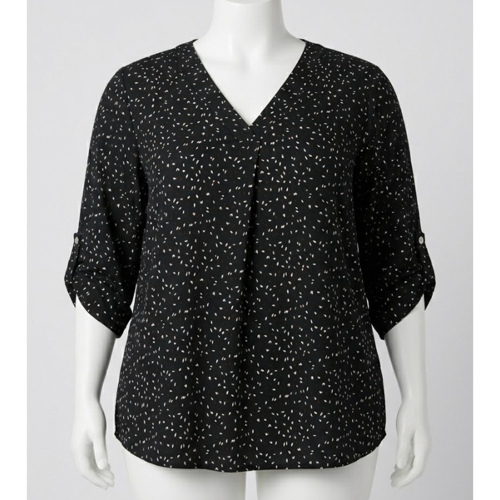 Beacon Blouse Plus 1X Green Brown White Roll Tab Sleeve V Neck Dots Print
